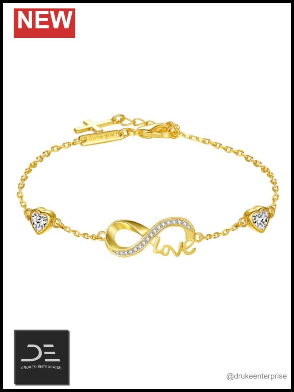 Infinity Link Bracelet, Gold Plated, 18K, Hypoallergenic, Adjustable, Cubic
